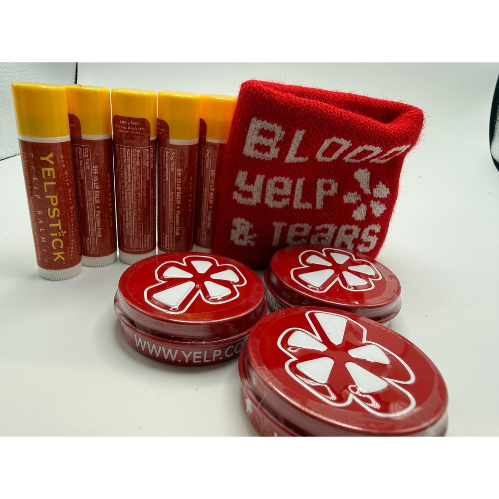 Yelp Promo Bundle 5 SPF 15 Lip Balms 3 Peppermint Tins & Blood Yelp Tears Koozie